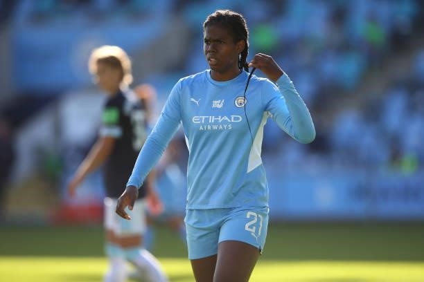 Khadija Shaw of Manchester City Women looks on during the Barclays FA Women's Super League match between Manchester City Women and West Ham United...