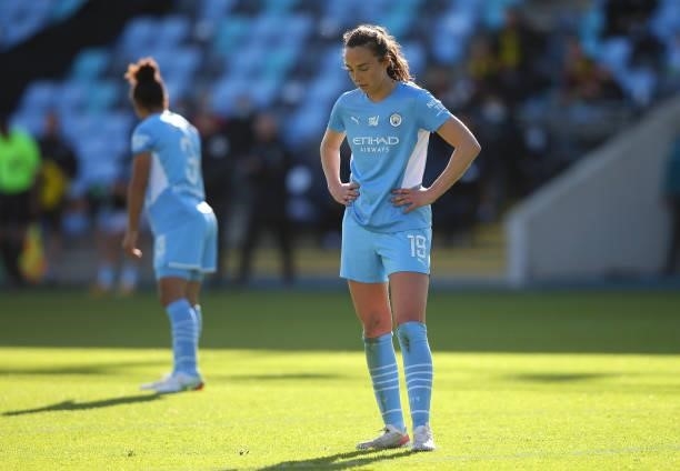 Caroline Weir of Manchester City Women looks dejected during the Barclays FA Women's Super League match between Manchester City Women and West Ham...