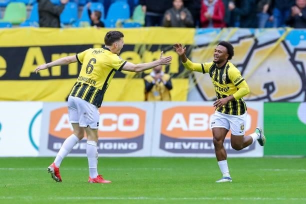 Lois Openda of Vitesse is is celebrating his goal with Jacob Rasmussen of Vitesse during the Dutch Eredivisie match between Vitesse and Feyenoord at...