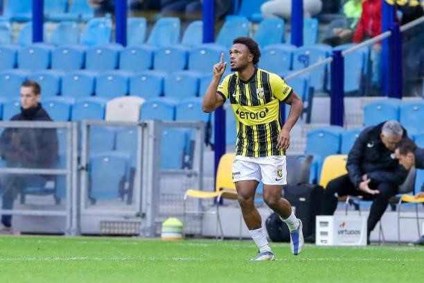 Lois Openda of Vitesse is celebrating his second goal during the Dutch Eredivisie match between Vitesse and Feyenoord at Gelredome on October 3, 2021...
