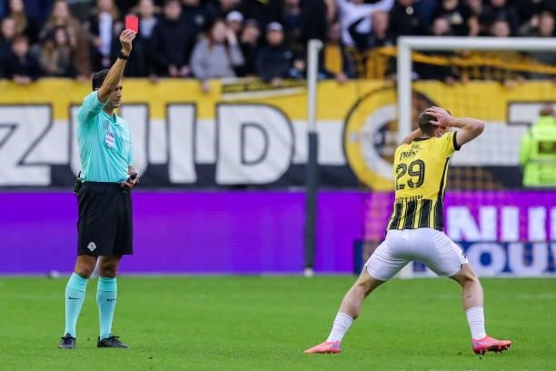 Red card for Thomas Buitink of Vitesse by referee Serdar Gozubuyuk during the Dutch Eredivisie match between Vitesse and Feyenoord at Gelredome on...