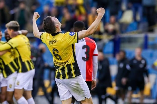 Jacob Rasmussen of Vitesse is celebrating the victory during the Dutch Eredivisie match between Vitesse and Feyenoord at Gelredome on October 3, 2021...