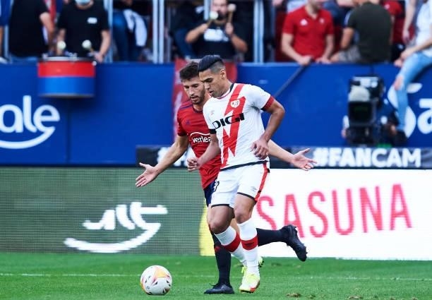 David Garcia of CA Osasuna duels for the ball with Radamel Falcao Garcia of Rayo Vallecano during the La Liga Santander match between CA Osasuna and...