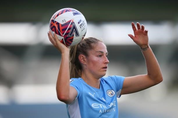 Janine Beckie of Manchester City Women takes a throw in during the Barclays FA Women's Super League match between Manchester City Women and West Ham...