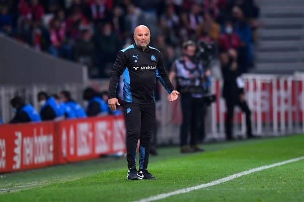 Olympique de Marseille head coach Jorge Sampaoli reacts during the Ligue 1 Uber Eats match between Lille and Marseille at Stade Pierre Mauroy on...
