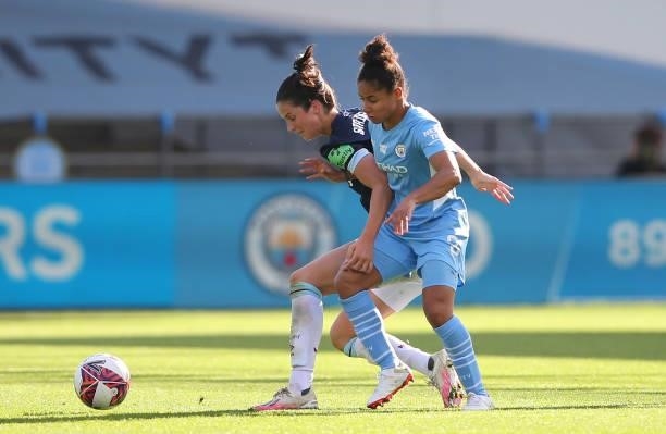Demi Stokes of Manchester City Women challenges Abbey-Leigh Stringer of West Ham United Women during the Barclays FA Women's Super League match...