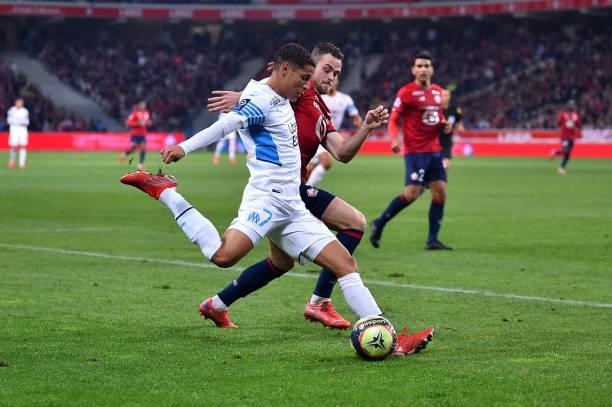 Amine Harit of Olympique de Marseille kicks the ball during the Ligue 1 Uber Eats match between Lille and Marseille at Stade Pierre Mauroy on October...