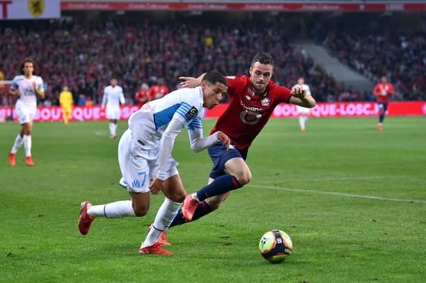 Amine Harit of Olympique de Marseille runs for the ball during the Ligue 1 Uber Eats match between Lille and Marseille at Stade Pierre Mauroy on...
