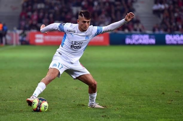 Cengiz Under of Olympique de Marseille runs with the ball during the Ligue 1 Uber Eats match between Lille and Marseille at Stade Pierre Mauroy on...