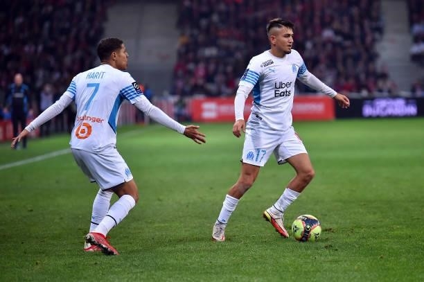 Cengiz Under of Olympique de Marseille runs with the ball during the Ligue 1 Uber Eats match between Lille and Marseille at Stade Pierre Mauroy on...