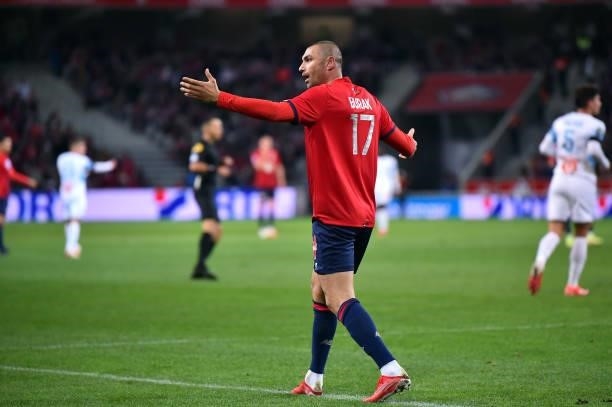 Burak Yilmaz of Lille OSC reacts during the Ligue 1 Uber Eats match between Lille and Marseille at Stade Pierre Mauroy on October 03, 2021 in Lille,...