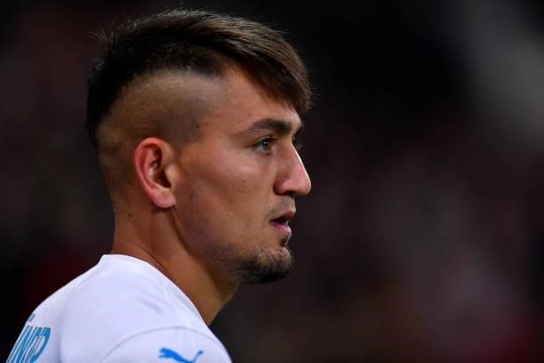 Cengiz Under of Olympique de Marseille looks on during the Ligue 1 Uber Eats match between Lille and Marseille at Stade Pierre Mauroy on October 03,...
