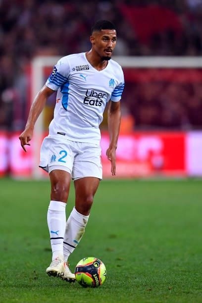 William Saliba of Olympique de Marseille runs with the ball during the Ligue 1 Uber Eats match between Lille and Marseille at Stade Pierre Mauroy on...