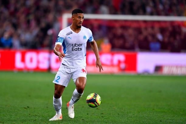 William Saliba of Olympique de Marseille runs with the ball during the Ligue 1 Uber Eats match between Lille and Marseille at Stade Pierre Mauroy on...