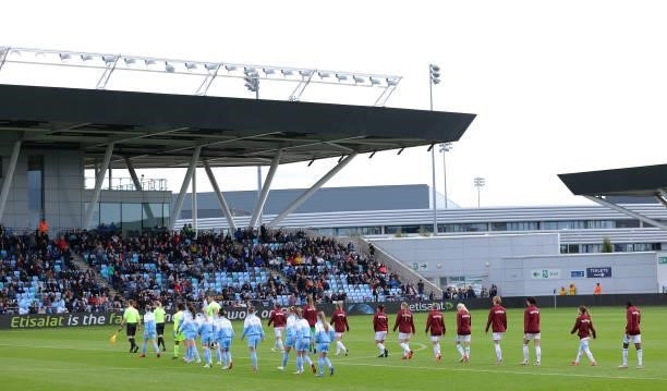 The players of Manchester City Women and West Ham United Women walk out for the Barclays FA Women's Super League match between Manchester City Women...