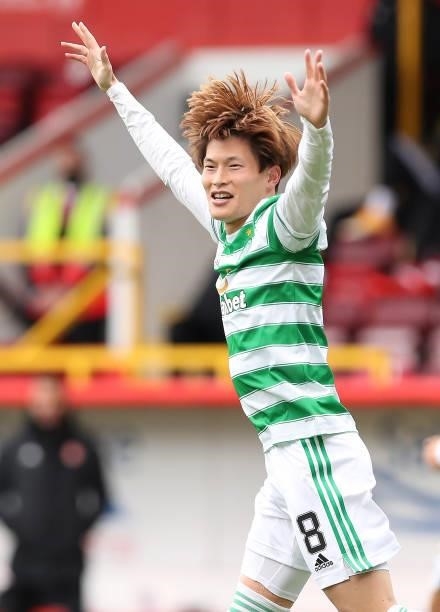 Kyogo Furuhashi of Celtic celebrates after he scores the opening goal during the Ladbrokes Scottish Premiership match between Aberdeen and Celtic at...