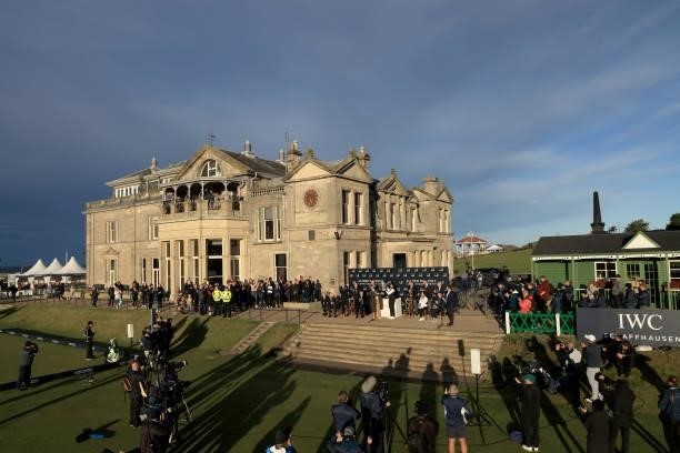 Danny Willett of England is presented with the winner's trophy after the final round of The Alfred Dunhill Links Championship on The Old Course on...