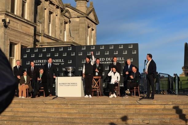 Danny Willett of England is enjoys having 'happy birthday' sung to him after the final round of The Alfred Dunhill Links Championship on The Old...