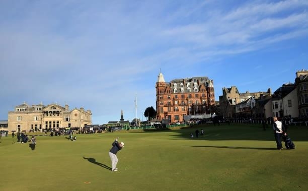 Oliver Baker of England plays his second shot on the 18th hole during the final round of The Alfred Dunhill Links Championship on The Old Course on...