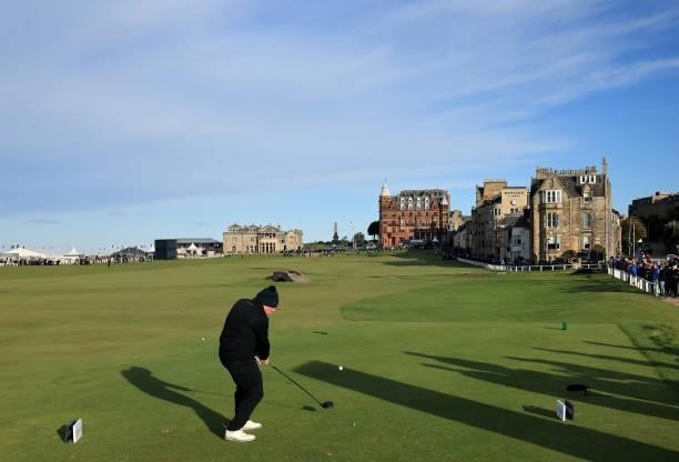 Gerry McManus of Ireland plays his tee shot on the 18th hole during the final round of The Alfred Dunhill Links Championship on The Old Course on...