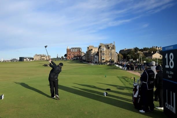 Shane Lowry of Ireland plays his tee shot on the 18th hole during the final round of The Alfred Dunhill Links Championship on The Old Course on...