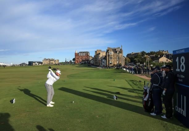 Tyrrell Hatton of England plays his tee shot on the 18th hole during the final round of The Alfred Dunhill Links Championship on The Old Course on...