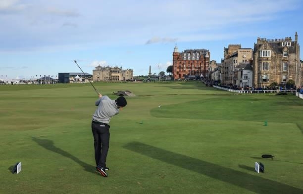 Daniel Gavins of England plays his tee shot on the 18th hole during the final round of The Alfred Dunhill Links Championship on The Old Course on...
