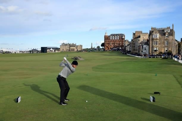 Daniel Gavins of England plays his tee shot on the 18th hole during the final round of The Alfred Dunhill Links Championship on The Old Course on...