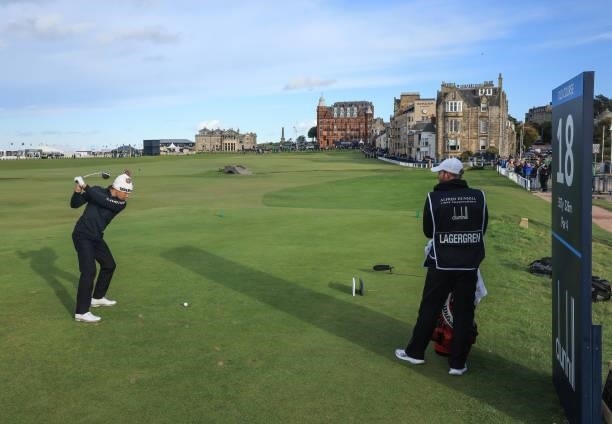 Joakim Lagergren of Sweden plays his tee shot on the 18th hole during the final round of The Alfred Dunhill Links Championship on The Old Course on...
