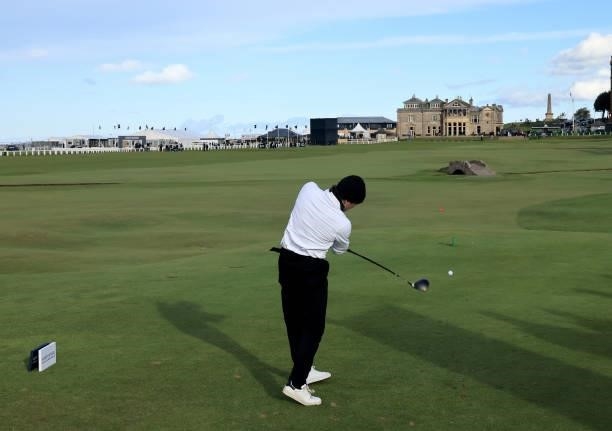 Brad Simpson of England plays his tee shot on the 18th hole during the final round of The Alfred Dunhill Links Championship on The Old Course on...