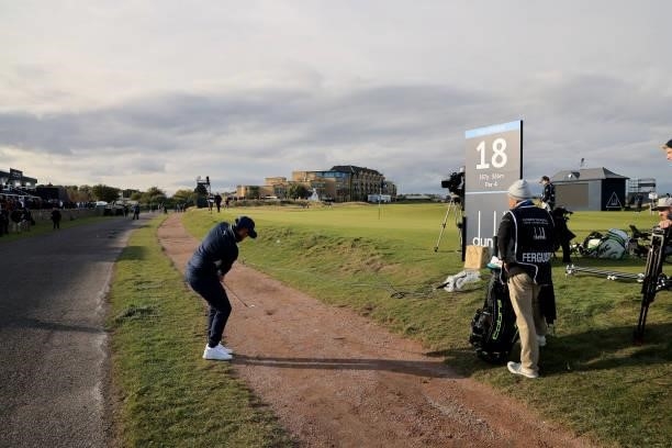 Ewen Ferguson of Scotland plays his third shot on the 17th hole during the final round of The Alfred Dunhill Links Championship on The Old Course on...