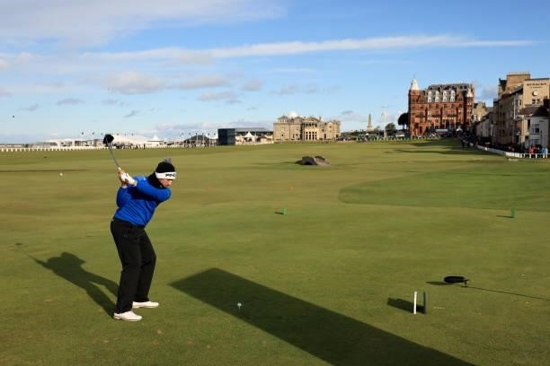 Matthieu Pavon of France plays his tee shot on the 18th hole during the final round of The Alfred Dunhill Links Championship on The Old Course on...