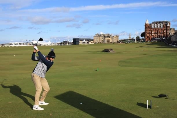 Tommy Fleetwood of England plays his tee shot on the 18th hole during the final round of The Alfred Dunhill Links Championship on The Old Course on...