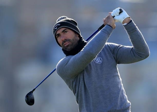 Alvaro Quiros of Spain plays his tee shot on the third hole during the final round of The Alfred Dunhill Links Championship on The Old Course on...