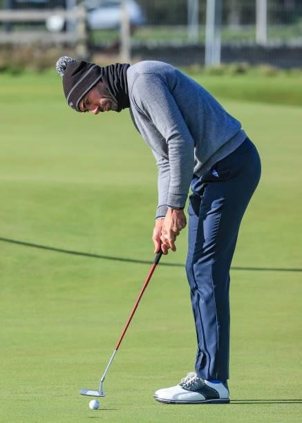 Alvaro Quiros of Spain putts on the second hole during the final round of The Alfred Dunhill Links Championship on The Old Course on October 03, 2021...