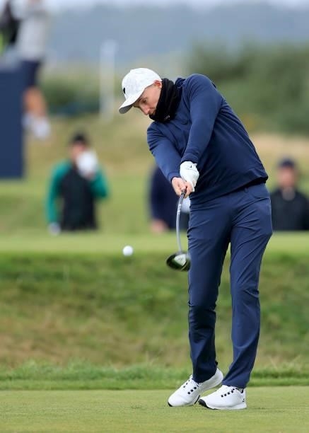 Joe Root of England the England Test cricket captain plays his tee shot on the 16th hole during the final round of The Alfred Dunhill Links...