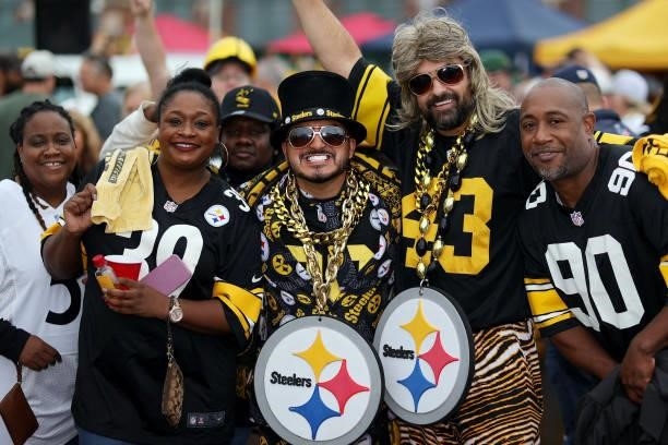 Pittsburgh Steelers fans tailgate in the parking lot before the game against the Green Bay Packers at Lambeau Field on October 03, 2021 in Green Bay,...
