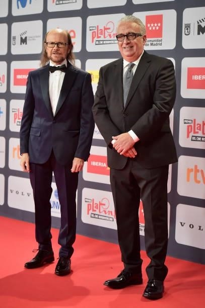 Santiago Segura and Leo Harlem attends to Red Carpet of Platino Awards 2021 on October 03, 2021 in Madrid, Spain.