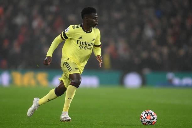 Bukayo Saka of Arsenal in action during the Premier League match between Brighton & Hove Albion and Arsenal at American Express Community Stadium on...
