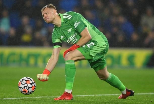 Aaron Ramsdale of Arsenal rolls the ball out during the Premier League match between Brighton & Hove Albion and Arsenal at American Express Community...