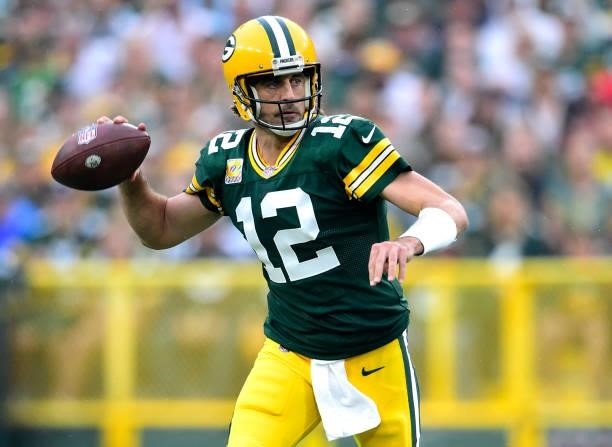 Aaron Rodgers of the Green Bay Packers throws the ball during the first quarter against the Pittsburgh Steelers at Lambeau Field on October 03, 2021...