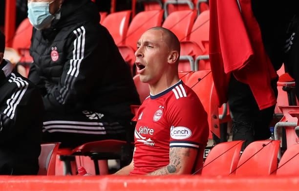 Scott Brown of Aberdeen is seen in the stand during the Ladbrokes Scottish Premiership match between Aberdeen and Celtic at Pittodrie Stadium on...
