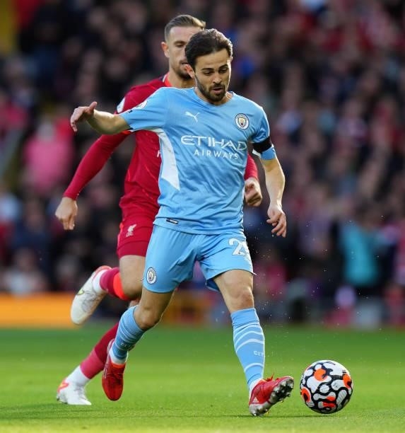Bernardo Silva of Manchester City in action during the Premier League match between Liverpool and Manchester City at Anfield on October 03, 2021 in...