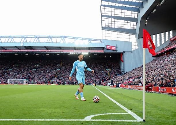 Jack Grealish of Manchester City prepares to take a corner during the Premier League match between Liverpool and Manchester City at Anfield on...