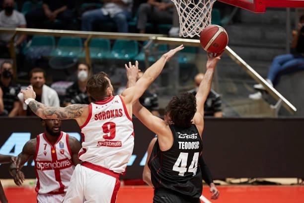 Milos Teodosic of Virtus Segafredo Bologna competes for the ball with Paulius Sorokas of Openjobmetis Varese during the Lega Basket Serie A match...