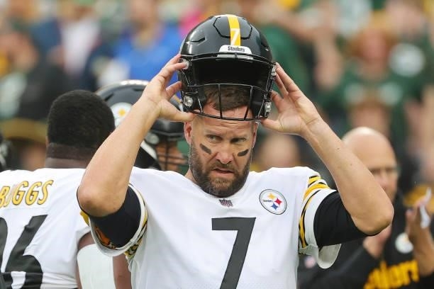 Ben Roethlisberger of the Pittsburgh Steelers during pregame against the Green Bay Packers at Lambeau Field on October 03, 2021 in Green Bay,...
