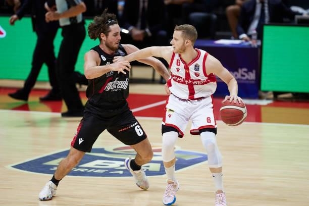 Andrea Amato of Openjobmetis Varese competes for the ball with Alessandro Pajola of Virtus Segafredo Bologna during the Lega Basket Serie A match...