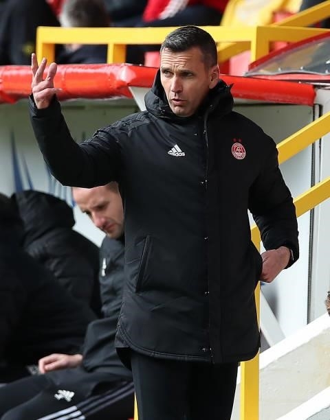 Aberdeen manager Stephen Glass is seen during the Ladbrokes Scottish Premiership match between Aberdeen and Celtic at Pittodrie Stadium on October...