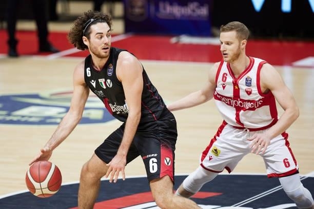 Alessandro Pajola of Virtus Segafredo Bologna competes for the ball with Andrea Amato of Openjobmetis Varese during the Lega Basket Serie A match...