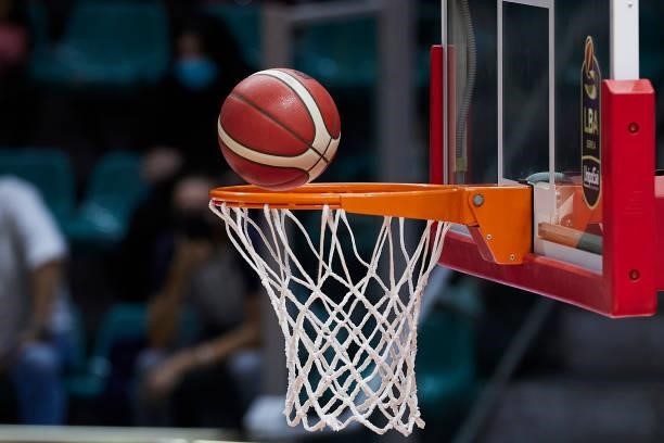 View of the match ball during the Lega Basket Serie A match between Virtus Segafredo Bologna and Openjobmetis Varese at PalaDozza on October 03, 2021...